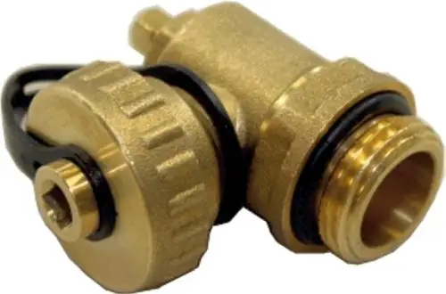 FE-Hahn mit Kappe in Goldfarbe, mit Dichtungsringen, zur Verbindung von Rohrleitungen. Produkt von Wolf.